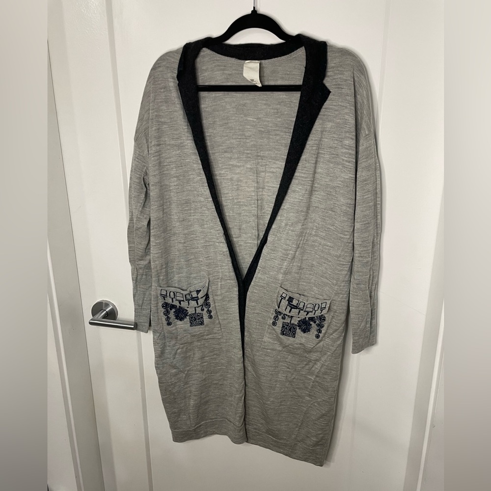 O’2nd Embroidered Oversized Long Grey Cardigan 100% Wool Korean Small